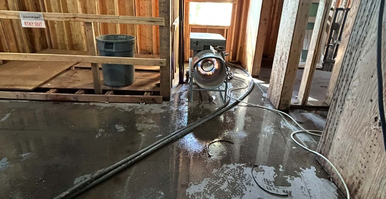 Unfinished construction site with concrete floor, wooden framing, and electrical cables, showcasing REIC Specialty Rentals' construction equipment.