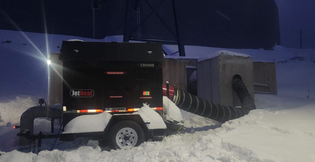 Portable industrial heater for winter construction and event heating solutions.