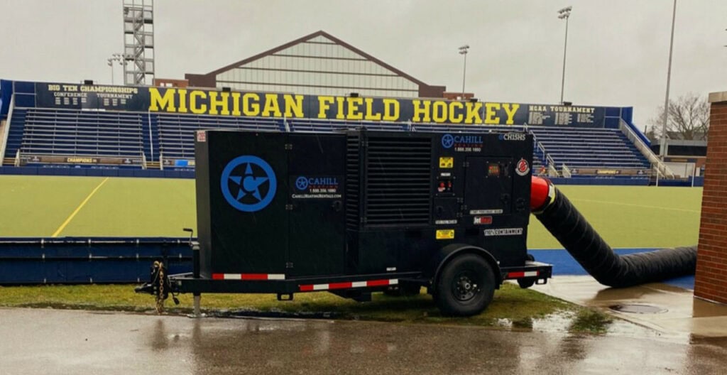 Portable industrial heater for Michigan field hockey stadium rentals for events and sports facilities.