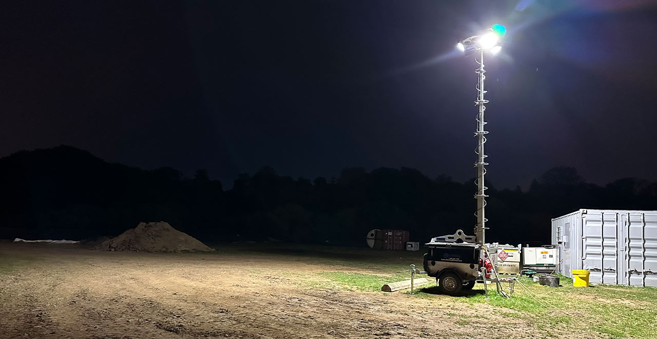 Portable lighting tower for night-time construction or event lighting solutions.