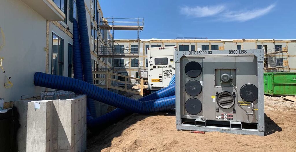 Flexible HVAC ductwork for construction site ventilation and climate control.