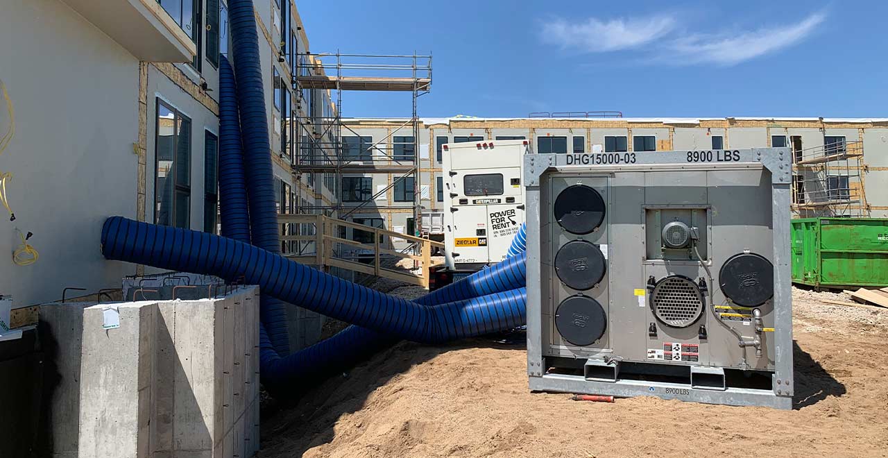 Flexible HVAC ductwork for construction site ventilation and climate control.